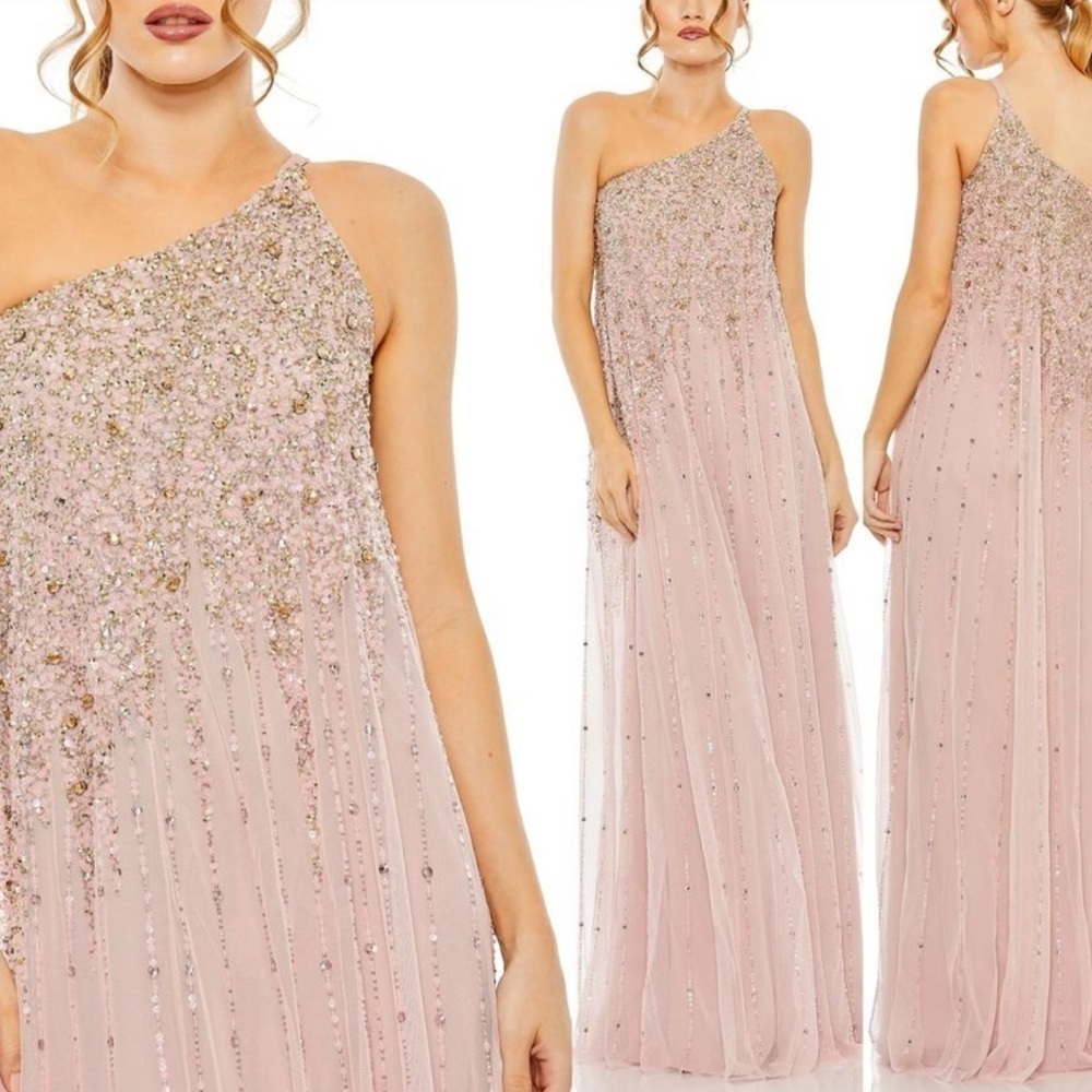 NWT Mac Duggal 9224 Pink One Shoulder Embellished Trapeze A Line Gown Size 14